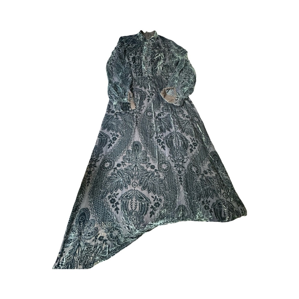 Anewsta Maxi Dress Womens L Teal Velvet Burnout Damask Asymmetrical Mock Neck